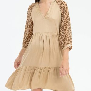 Fracomina – Abito linea ad A con cappuccio e maniche animalier natural